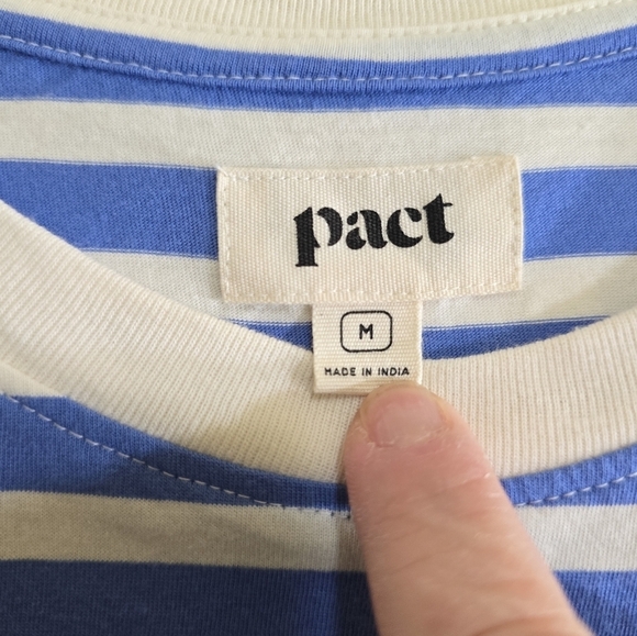 Pact Organic Softspun Tee Dress in Bold Stripes Medium Blue White Chest Pocket - Picture 4 of 5